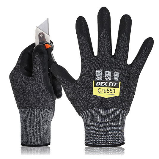 Level 5 Cut Resistant Gloves Cru553 in Black are high-quality cut-proof gloves rated with CE EN 388 4544 & ANSI Cut A4, primarily for heavy duty tasks.