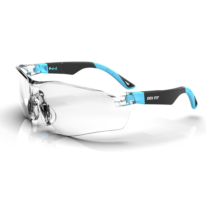 Load image into Gallery viewer, Safety Glasses SG210 in Blue with Clear Lens are designed to absorb 99.9% UV rays and has anti-fog coating to keep the lenses clear in all types of weather.
