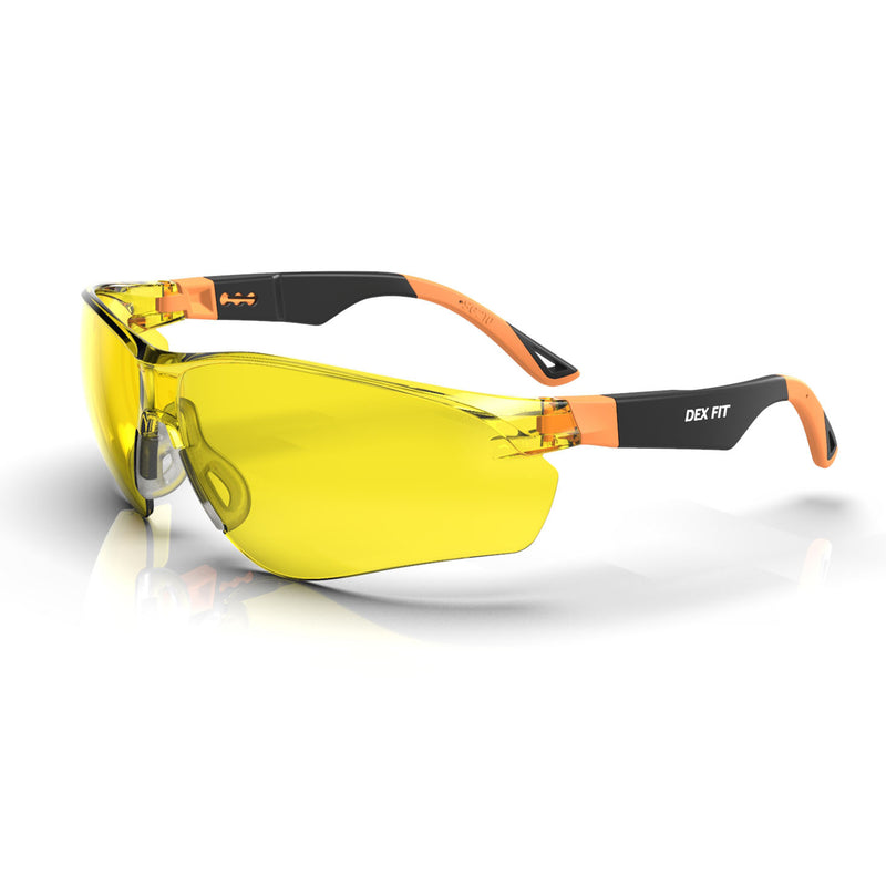 Load image into Gallery viewer, Safety Glasses SG210 in Orange with Yellow Tinted Lens are designed to absorb 99.9% UV rays and has anti-fog coating to keep the lenses clear in all types of weather.
