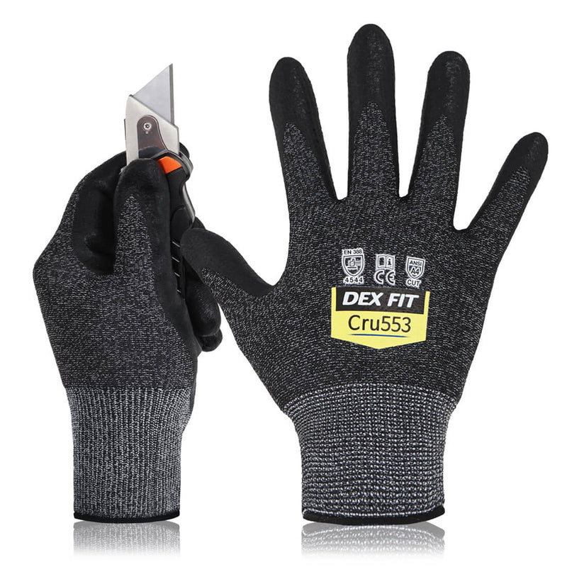 Load image into Gallery viewer, Level 5 Cut Resistant Gloves Cru553 in Black are high-quality cut-proof gloves rated with CE EN 388 4544 &amp; ANSI Cut A4, primarily for heavy duty tasks.
