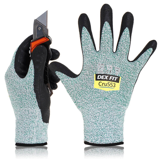 Level 5 Cut Resistant Gloves Cru553 in Green are high-quality cut-proof gloves rated with CE EN 388 4544 & ANSI Cut A4, primarily for heavy duty tasks.