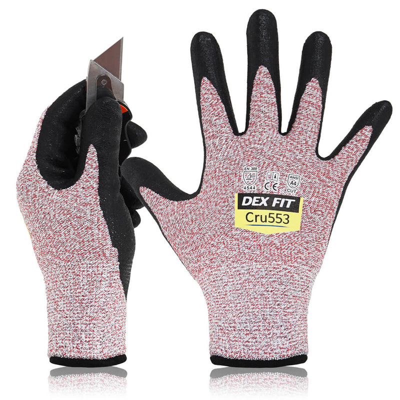 Load image into Gallery viewer, Level 5 Cut Resistant Gloves Cru553 in Red are high-quality cut-proof gloves rated with CE EN 388 4544 &amp; ANSI Cut A4, primarily for heavy duty tasks.
