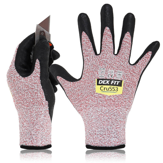 Level 5 Cut Resistant Gloves Cru553 in Red are high-quality cut-proof gloves rated with CE EN 388 4544 & ANSI Cut A4, primarily for heavy duty tasks.