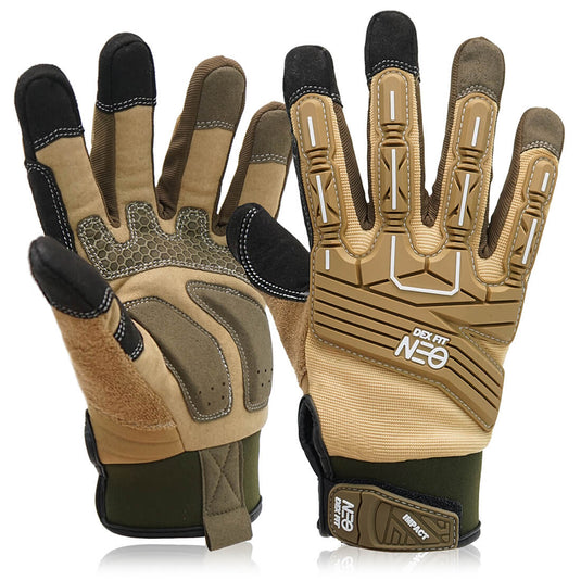 The Mechanic Impact Resistant Gloves MG310 in Sand showcases its 3D TPR knuckle and finger guards that protect the hands from damage, and gel-padded palms cushioning for impact absorption.