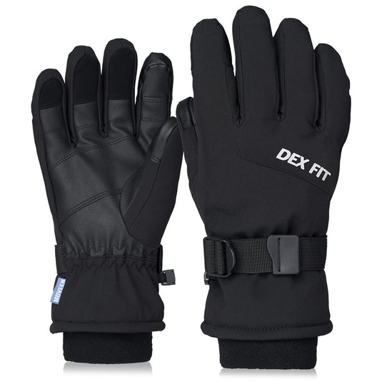 Thermal Winter Gloves WG201 in Premium Black  showing its best features like its adjustable hook and loop closure, and its reinforced palm and fingertips.