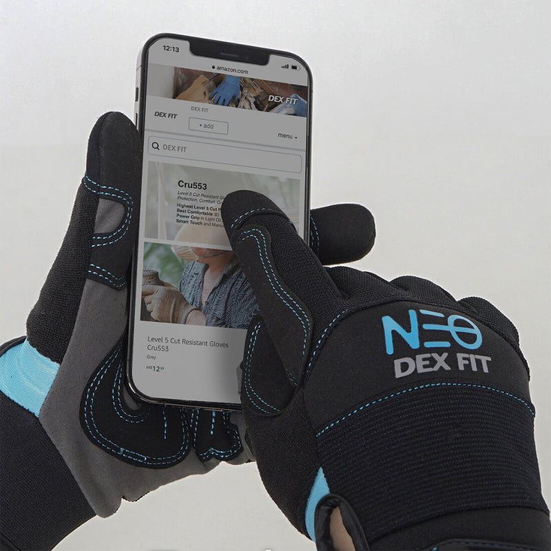 Load image into Gallery viewer, Wearing the Mechanic Premium Gloves MG310 while using a touchscreen device to show its three touchscreen-compatible fingers.

