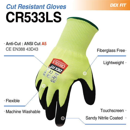 DEX FIT Level A5 Cut Resistant Gloves CR533LS - Silky Smooth and Fiberglass Free