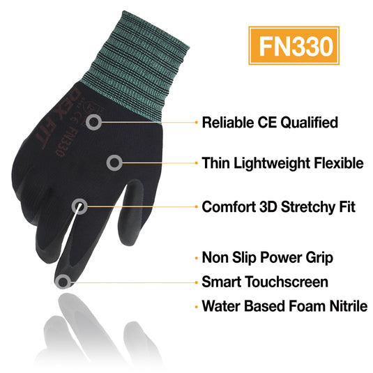 DEX FIT Nitrile Work Gloves FN330, 12 Pairs, 3D-Comfort Stretchy Fit, Firm Grip, Thin & Lightweight, Touch-Screen Compatible, Du, Black DEX FIT Nitrile Work Gloves FN330, 12 Pairs, 3D-Comfort Stretchy Fit, Firm Grip, Thin & Lightweight, Touch-Screen Compatible, Du, Black