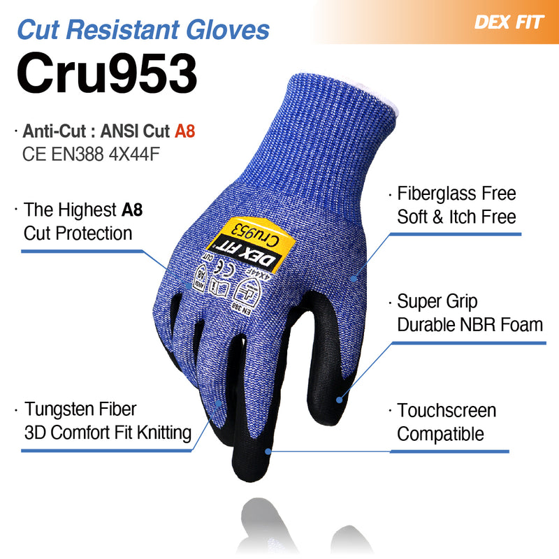 Load image into Gallery viewer, DEX FIT A8 Cut Resistant Gloves Cru953; Fiberglass Free, 3D-Comfort Fit and Grip, Thin, Durable, Touchscreen, Tungsten
