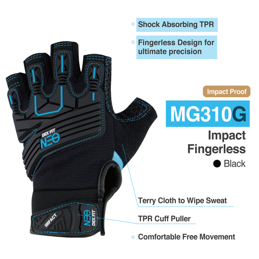 DEX FIT MG310G Fingerless Impact Resistant Gloves, Durable, Shock Absorbing, Firm Grip, Comfort Fit, Touchscreen Compatible, Washable; Prime Black