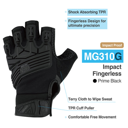 DEX FIT MG310G Fingerless Impact Resistant Gloves, Durable, Shock Absorbing, Firm Grip, Comfort Fit, Touchscreen Compatible, Washable; Prime Black