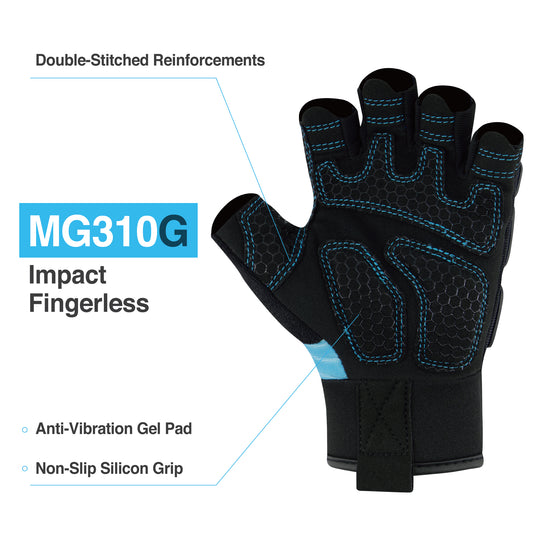 DEX FIT MG310G Fingerless Impact Resistant Gloves, Durable, Shock Absorbing, Firm Grip, Comfort Fit, Touchscreen Compatible, Washable; Prime Black