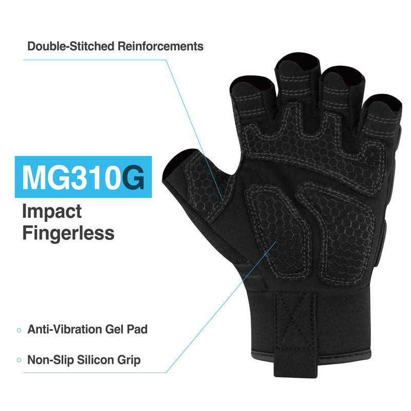 Load image into Gallery viewer, DEX FIT MG310G Fingerless Impact Resistant Gloves, Durable, Shock Absorbing, Firm Grip, Comfort Fit, Touchscreen Compatible, Washable; Prime Black
