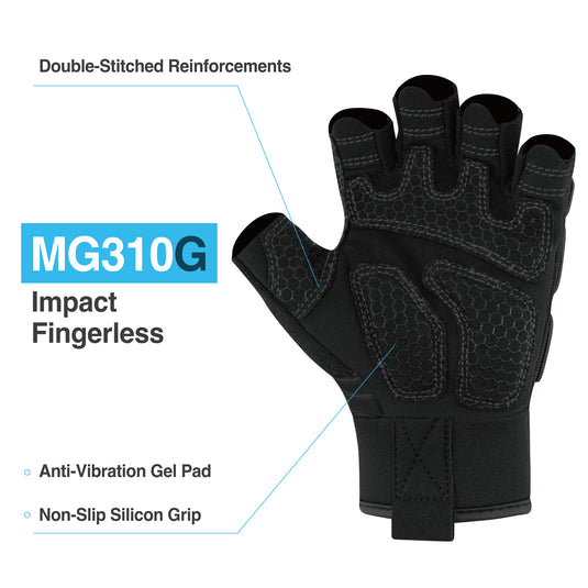 DEX FIT MG310G Fingerless Impact Resistant Gloves, Durable, Shock Absorbing, Firm Grip, Comfort Fit, Touchscreen Compatible, Washable; Prime Black