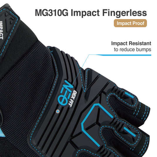 DEX FIT MG310G Fingerless Impact Resistant Gloves, Durable, Shock Absorbing, Firm Grip, Comfort Fit, Touchscreen Compatible, Washable; Prime Black