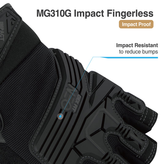 DEX FIT MG310G Fingerless Impact Resistant Gloves, Durable, Shock Absorbing, Firm Grip, Comfort Fit, Touchscreen Compatible, Washable; Prime Black