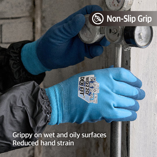 thermal waterproof gardening gloves DEX FIT Waterproof Work Gloves WD220 Double, Thermal and Insulated with Warm Fleece, Comfortable and Flexible Fit, Non-slip Sandy Latex Grip, Machine