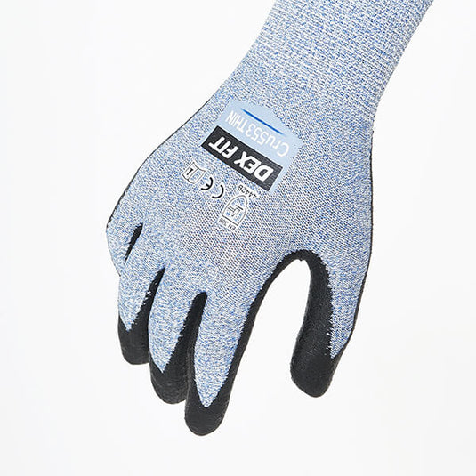 Level 4 Cut Resistant Gloves Cru553 Thin in Blue are high-quality cut-proof gloves rated with CE EN 388 4442B & ANSI Cut A2, primarily for medium duty tasks.