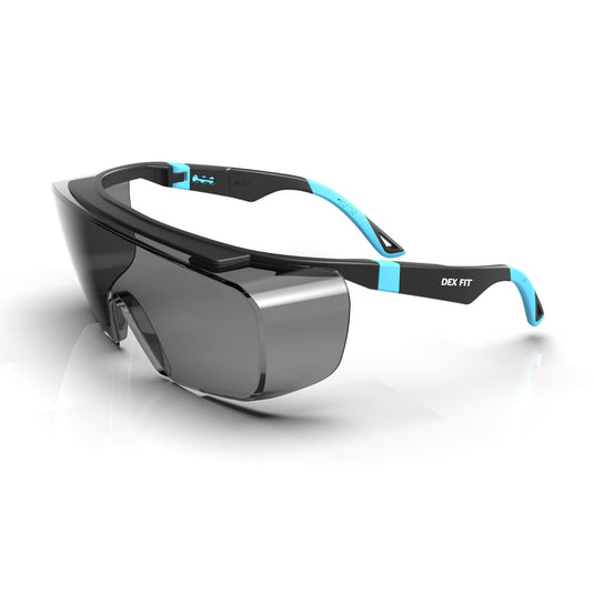 Safety Over Glasses SG210 OTG in Blue with Black Tinted Lens are designed to absorb 99.9% UV rays and has anti-fog coating to keep the lenses clear in all types of weather.