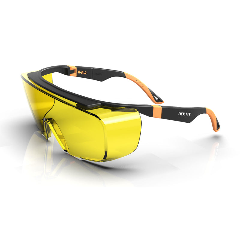 Load image into Gallery viewer, Safety Over Glasses SG210 OTG in Orange with Yellow Tinted Lens are designed to absorb 99.9% UV rays and has anti-fog coating to keep the lenses clear in all types of weather.
