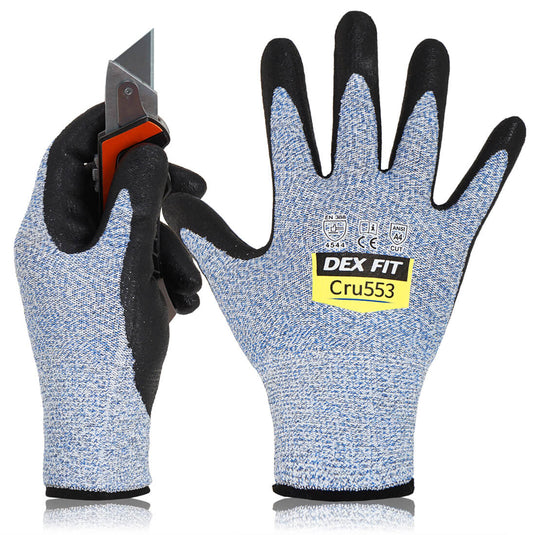 Level 5 Cut Resistant Gloves Cru553 in Blue are high-quality cut-proof gloves rated with CE EN 388 4544 & ANSI Cut A4, primarily for heavy duty tasks.