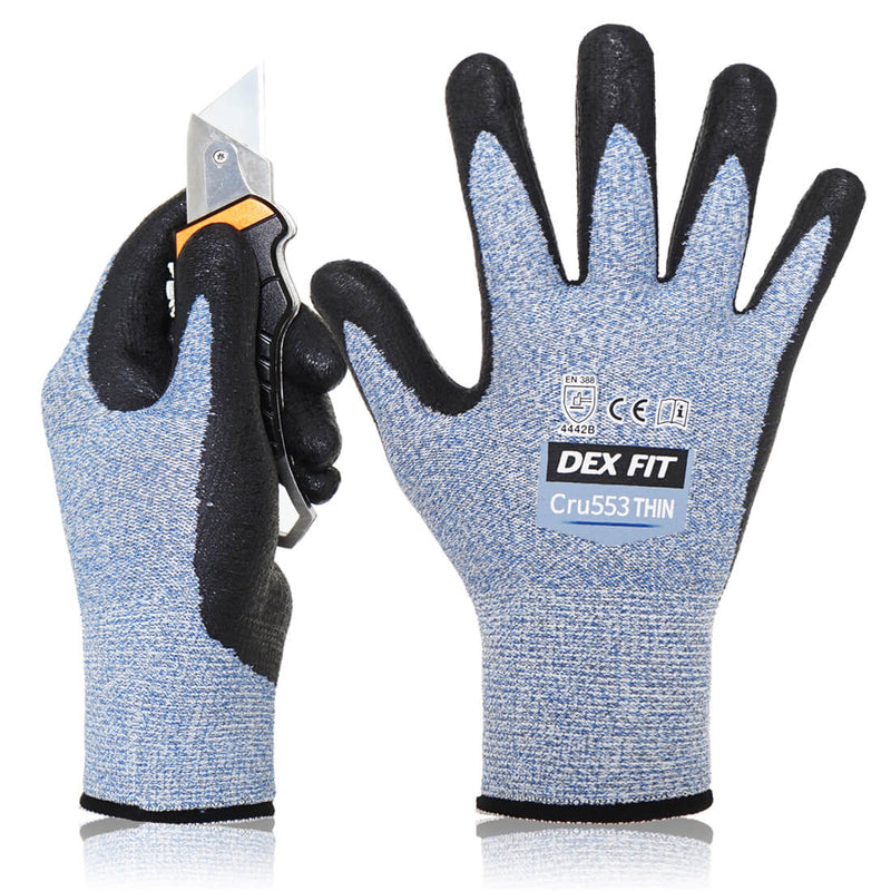 Load image into Gallery viewer, Level 4 Cut Resistant Gloves Cru553 Thin in Blue are high-quality cut-proof gloves rated with CE EN 388 4442B &amp; ANSI Cut A2, primarily for medium duty tasks.
