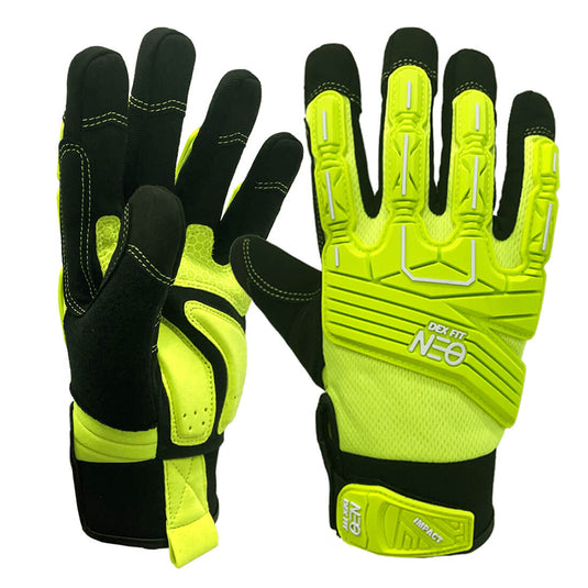 The Mechanic Impact Resistant Gloves MG310 in FL Green showcases its 3D TPR knuckle and finger guards that protect the hands from damage, and gel-padded palms cushioning for impact absorption.