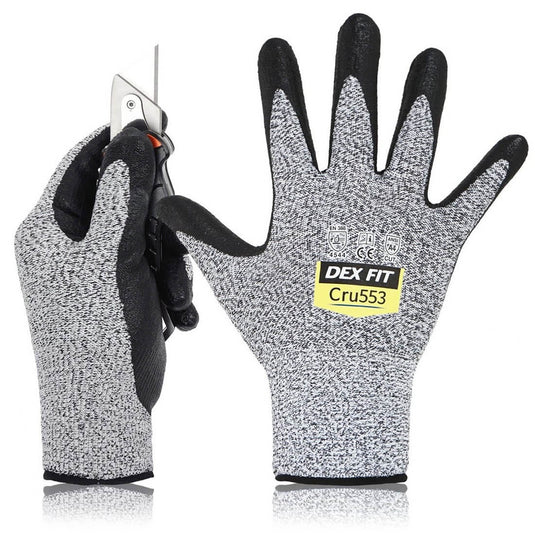 Level 5 Cut Resistant Gloves Cru553 in Gray are high-quality cut-proof gloves rated with CE EN 388 4544 & ANSI Cut A4, primarily for heavy duty tasks.