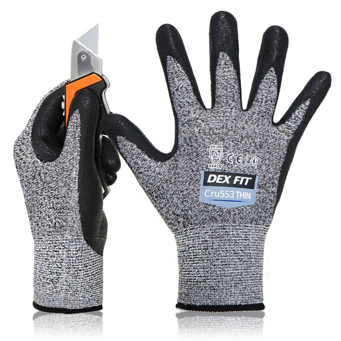 Level 4 Cut Resistant Gloves Cru553 Thin in Gray are high-quality cut-proof gloves rated with CE EN 388 4442B & ANSI Cut A2, primarily for medium duty tasks.