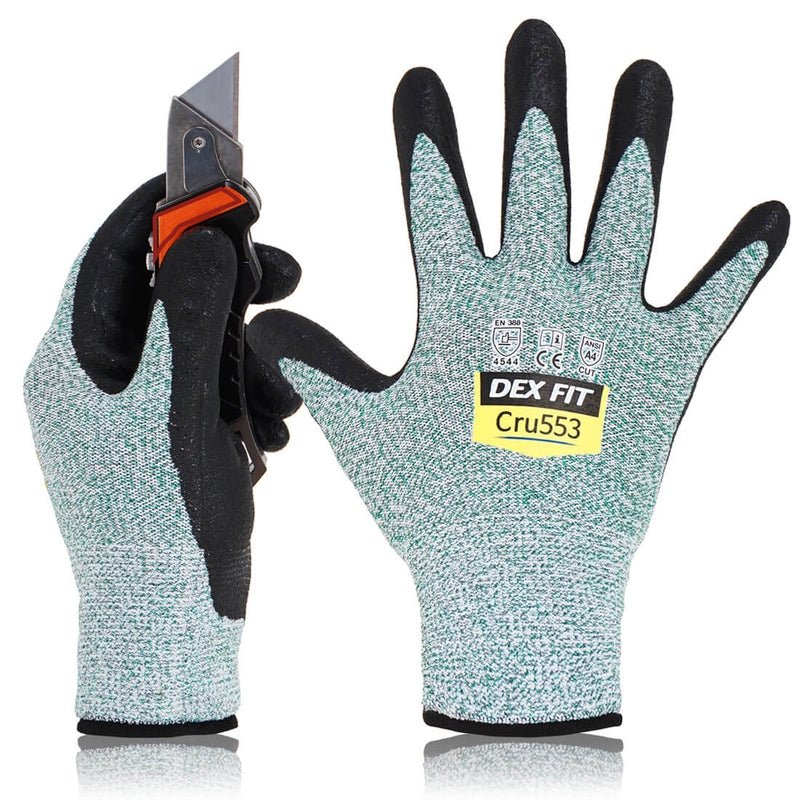 Load image into Gallery viewer, Level 5 Cut Resistant Gloves Cru553 in Green are high-quality cut-proof gloves rated with CE EN 388 4544 &amp; ANSI Cut A4, primarily for heavy duty tasks.
