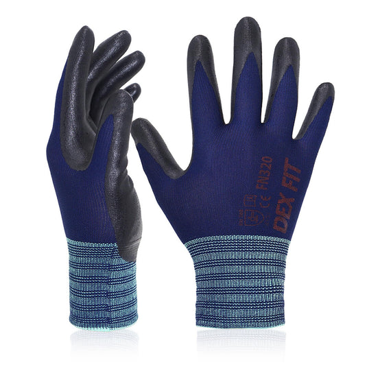 Dex Fit Premium Nylon Nitrile Work Gloves FN320, 3 Pairs, 3D-Comfort Stretchy Fit, Firm Grip, Thin & Lightweight, Durable, Breathable & Cool, Machine