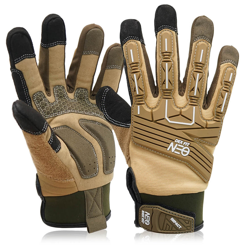 Load image into Gallery viewer, The Mechanic Impact Resistant Gloves MG310 in Sand showcases its 3D TPR knuckle and finger guards that protect the hands from damage, and gel-padded palms cushioning for impact absorption.
