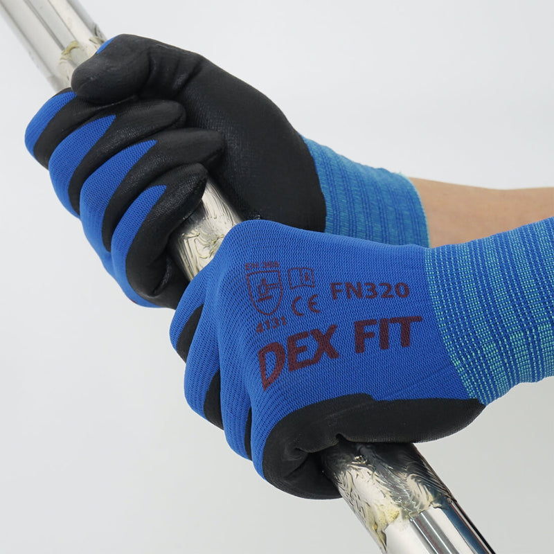 Load image into Gallery viewer, The Multi-Purpose Nylon Work Gloves FN320 in Blue displaying its excellent grip on any surfaces while holding a metal pipe. 
