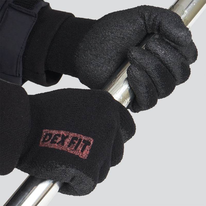 Load image into Gallery viewer, The Fleece Work Gloves NR450 in Black showcasing its non-slip grip that keeps the hand safe while holding different materials like metal pipes.

