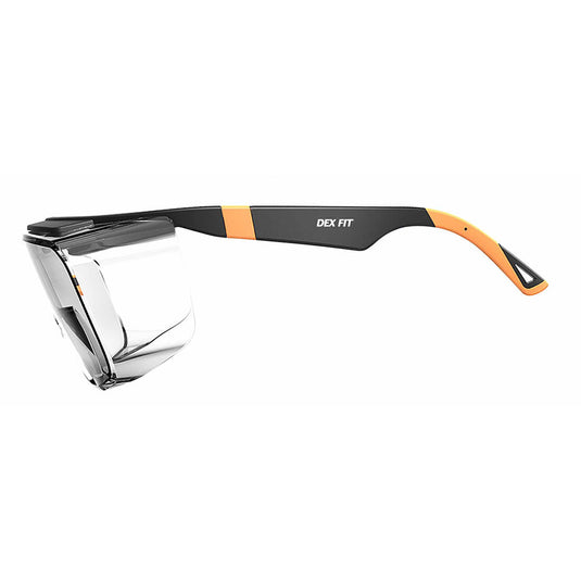 A side look of the Safety Over Glasses SG210 OTG in Orange emphasizing on its flexible and customizable fit.