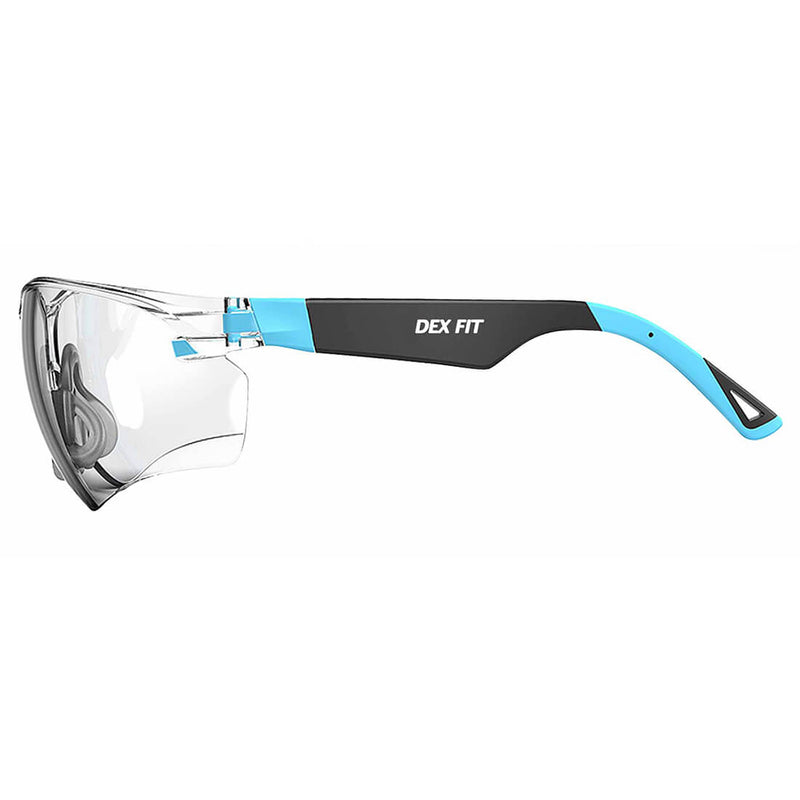 Load image into Gallery viewer, A side look of the Safety Glasses SG210 in Blue emphasizing on its flexible and customizable fit.
