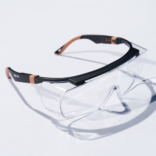 The tips of the temple of the Safety Over Glasses SG210 OTG has a soft-grip double injected rubber to keep the glasses in place.