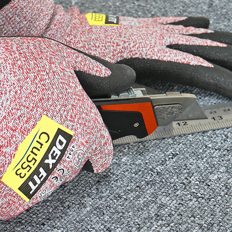 Load image into Gallery viewer, Using the Level 5 Cut Resistant Gloves Cru553 in Red while utilizing sharp tools without any worry because of its additional Level 4 abrasion resistance and level 4 puncture resistance.
