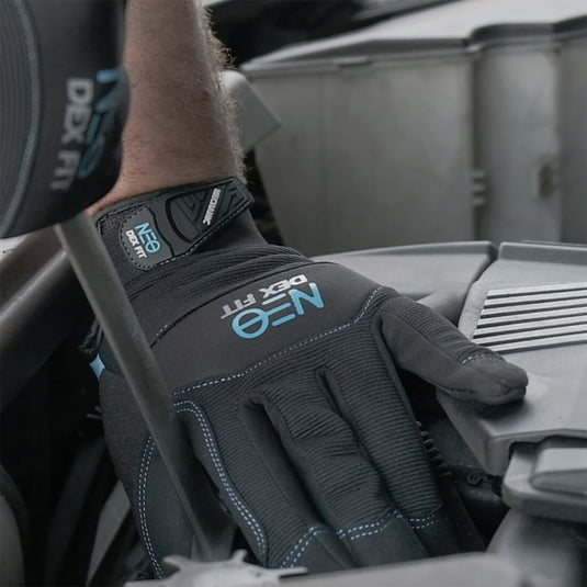 A closer look of the Mechanic Lightweight Gloves MG310 in Black showing its breathable and comfortable design and the terry cloth to wipe sweat away.
